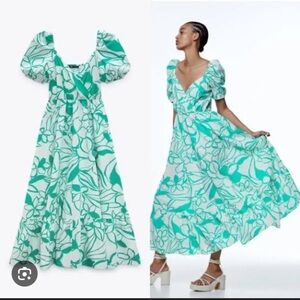 Zara Printed Puff Shoulder Midi Dress XS